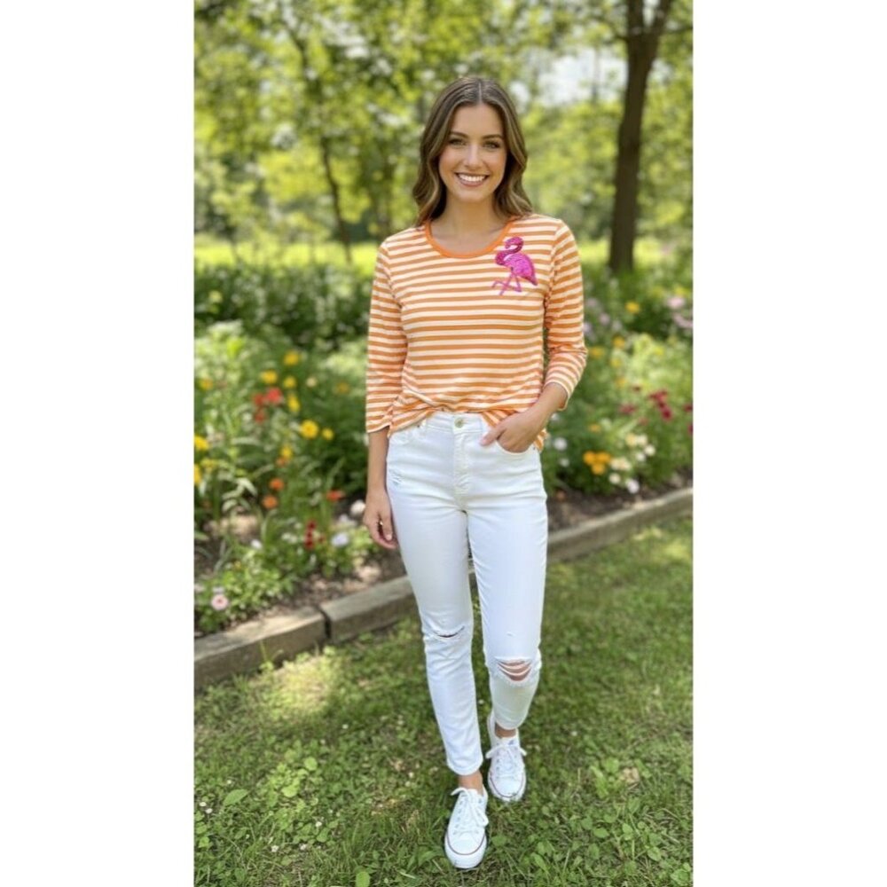 Quacker Factory XS Orange & White Striped Flamingo Top